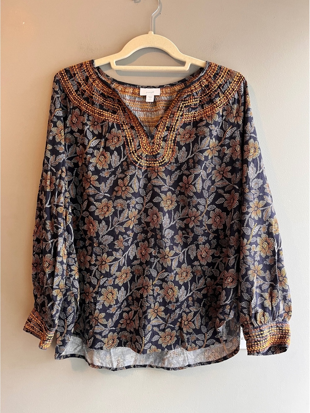 J. Jill Pure Jill Embroidered Twill Floral Boho Tunic Blouse Top Navy Gold M
